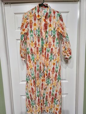 Zara Multicolor Ikat-Print Midi Dress - White, Red, Green, Yellow